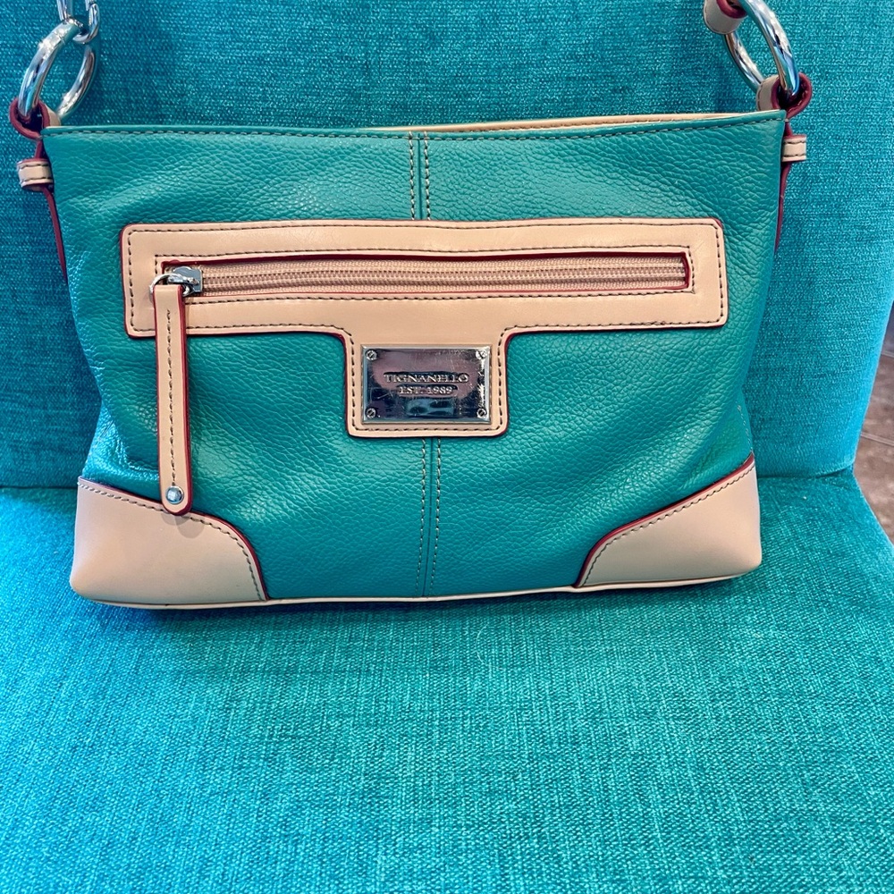New Tignanello Green and Cream Leather Crossbody  Bag